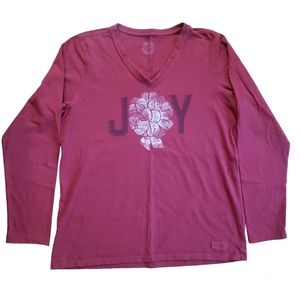 Life Is Good JOY Holiday Long Sleeve V-Neck Bow Ribbon Maroon L